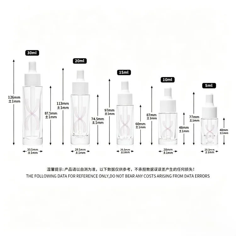Size chart showing 5ml, 10ml, 15ml, 20ml, and 30ml round serum bottles